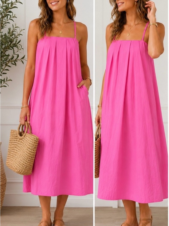 THML Dresses & Skirts - THML Hot Pink Pleated Poplin Midi Dress Size M Bubblegum Pink Sleeveless EUC